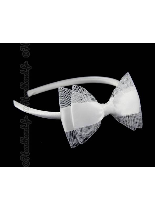 Serre-tête noeud tulle et satin blanc