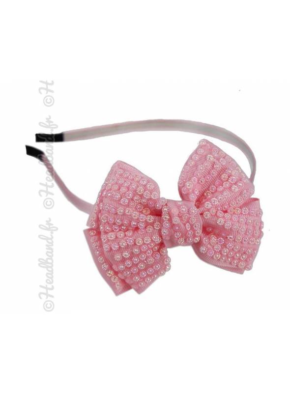 Serre-tête noeud décoré de perles rose