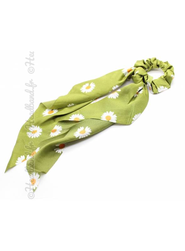 Chouchou satin marguerites vert