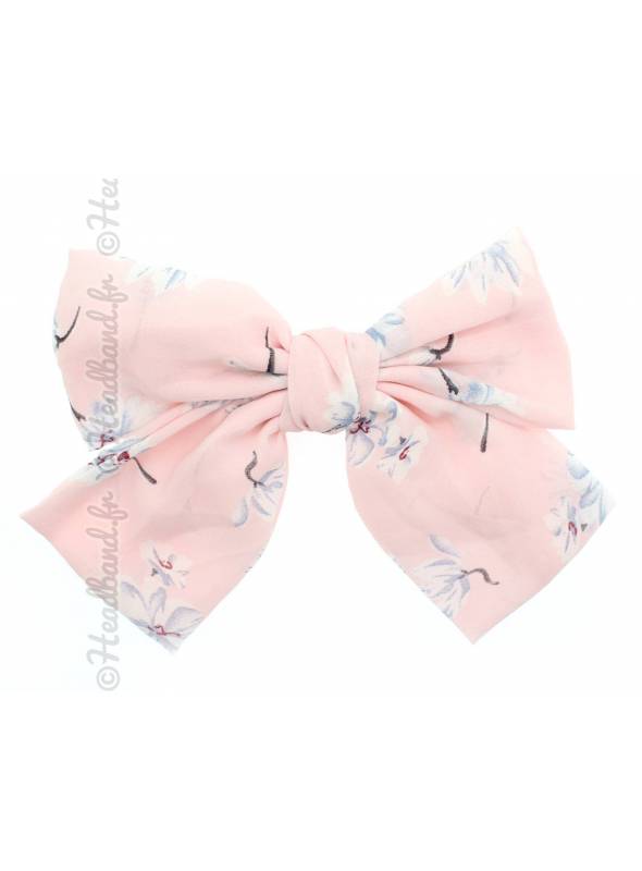 Grande barrette noeud fleuri rose
