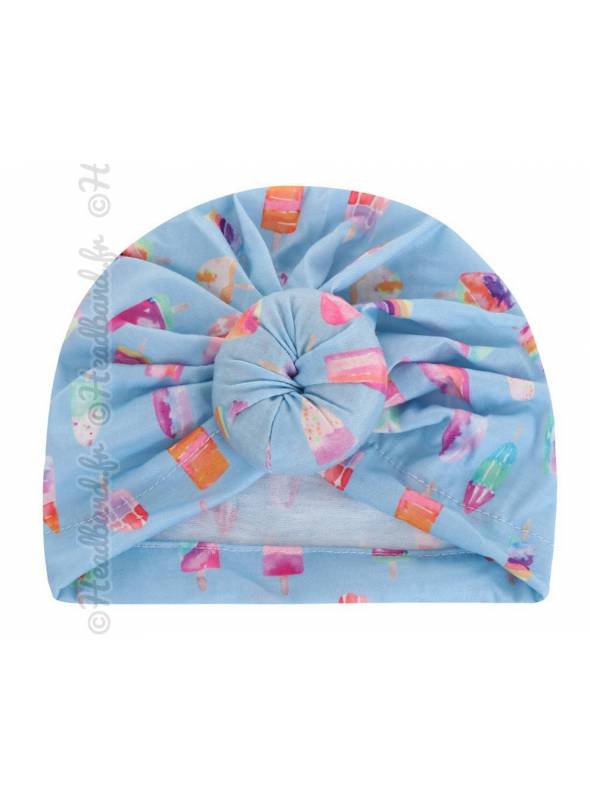 Bandeau turban fille motif glace bleu