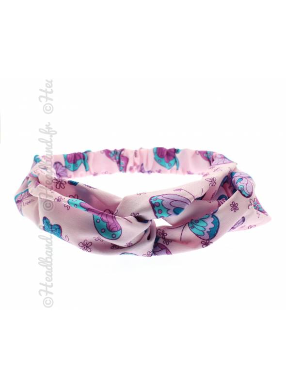 Bandeau satin fille papillon rose
