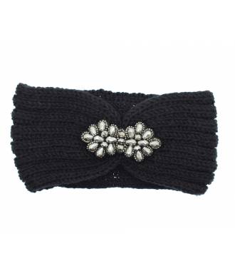 Bandeau laine fleur perles noir