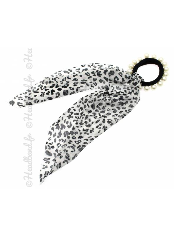 Chouchou long perles leopard blanc