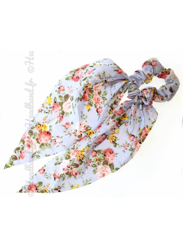 Chouchou foulard long fleurs bleu ciel