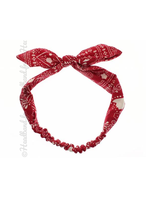 Headband noeud textile motif fleurs rouge