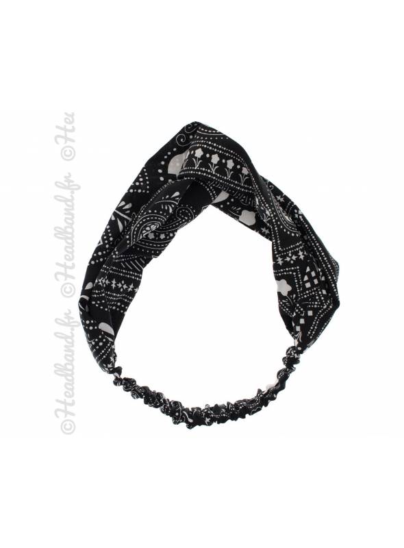 Headband croisé textile fleurs noir