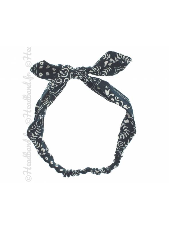 Headband noeud textile motif fleurs bleu pétrole