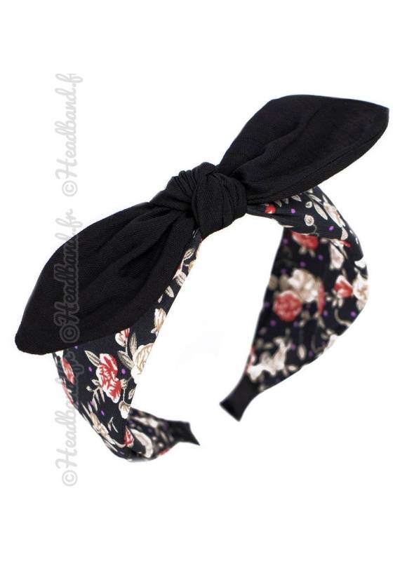 Serre-tête large noeud fleuri noir