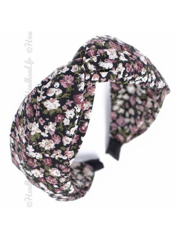 Serre-tête turban large fleuri noir