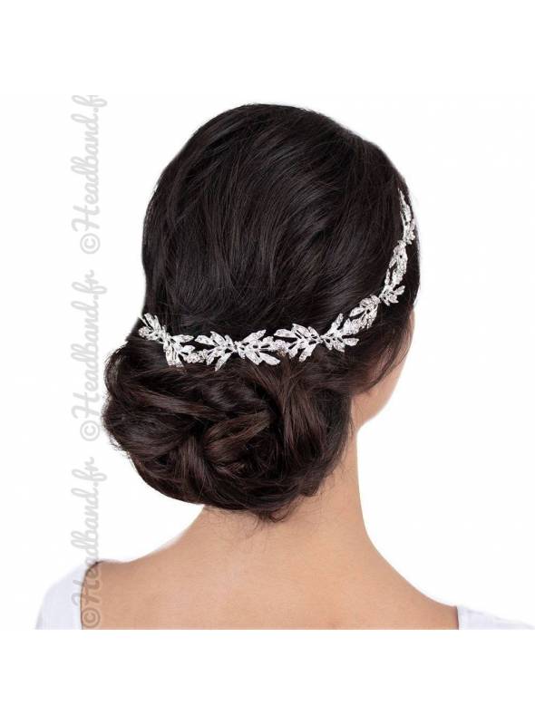 Headband mariage strass feuilles ruban argenté