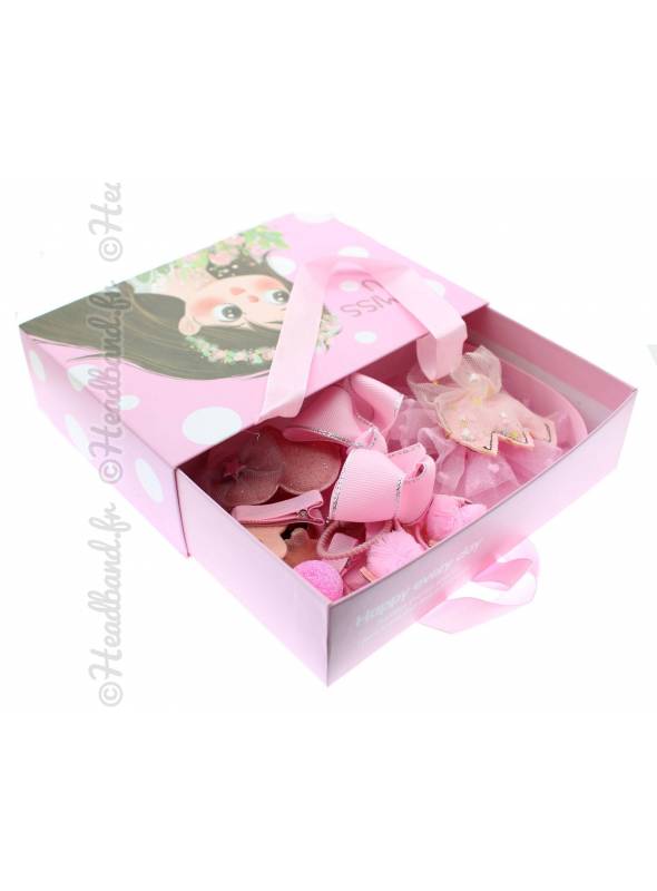 Boîte cadeau 18 accessoires cheveux fille rose