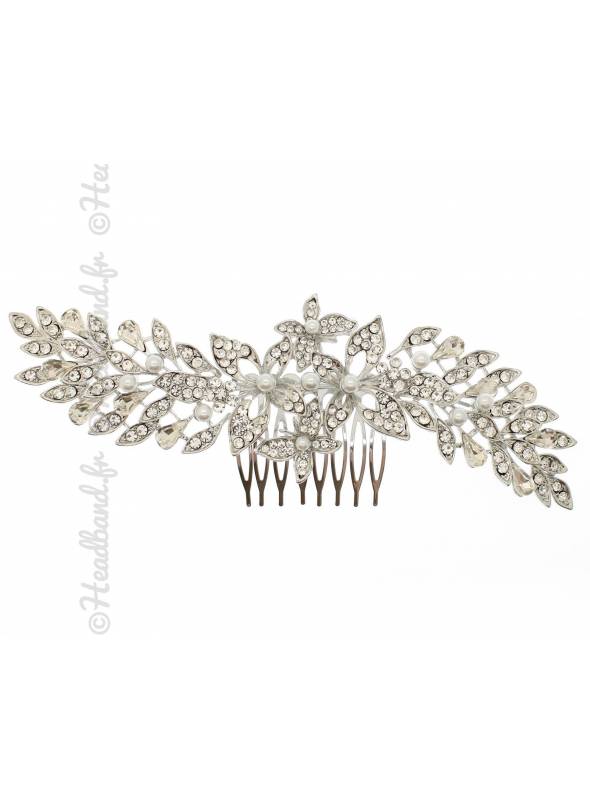 Peigne cheveux perles et fleurs argenté Fiona