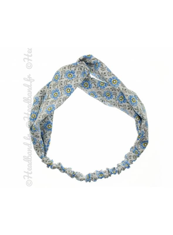 Bandeau cheveux croisé fleur bleu
