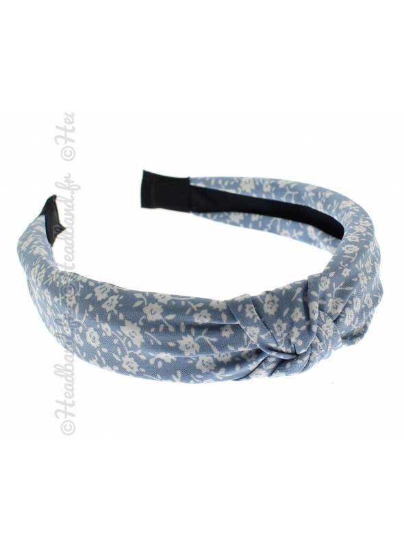 Serre-tête turban fleur bleu ciel et blanc