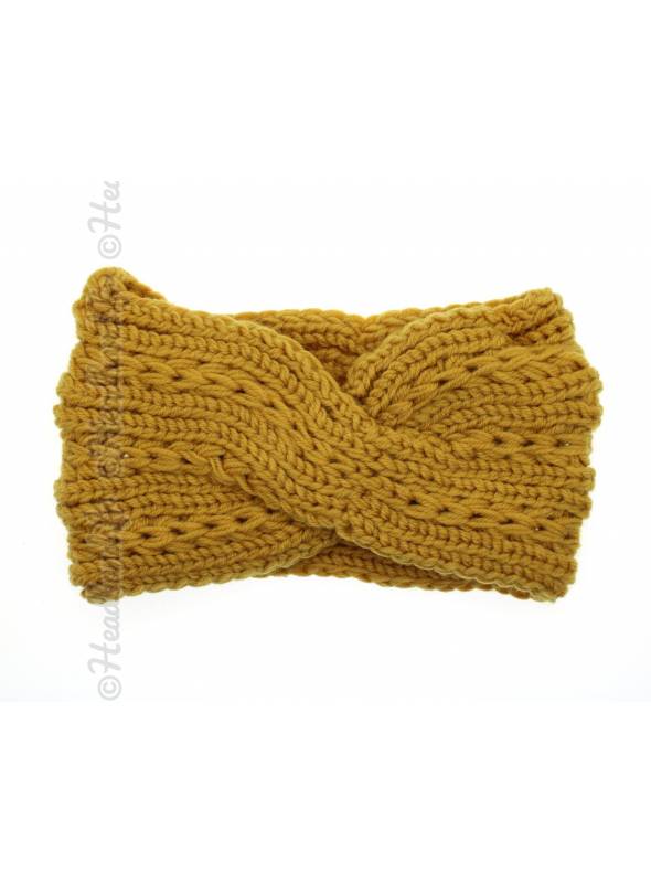 Bandeau tricot tressé hiver jaune