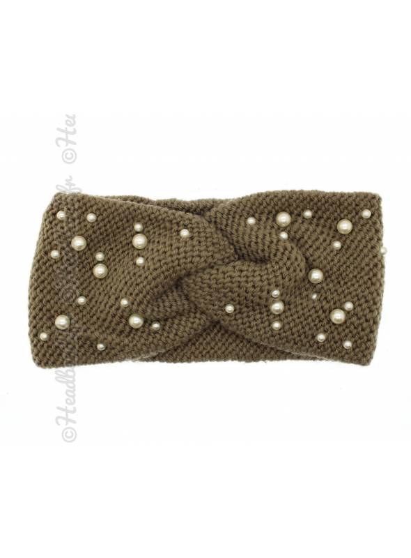 Bandeau tricot avec perles kaki