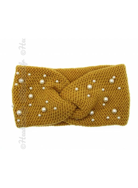 Bandeau tricot avec perles moutarde