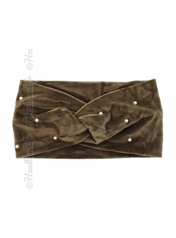 Bandeau turban velours perles marron