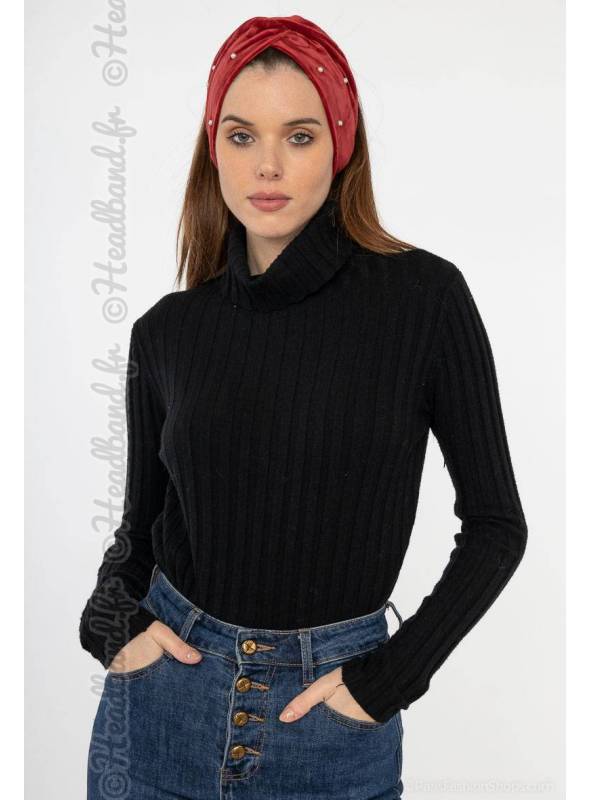 Bandeau turban velours perles rouge