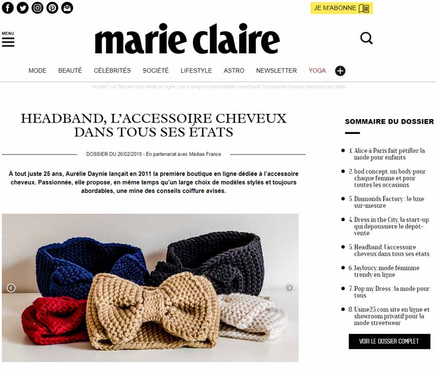 Headband.fr dans les adresses incontournables de marie claire